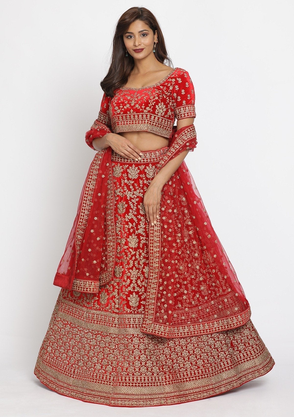 Red Stonework Velvet Designer Semi-Stitched Lehenga - koskii