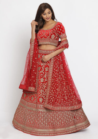 Red Stonework Velvet Designer Semi-Stitched Lehenga - koskii