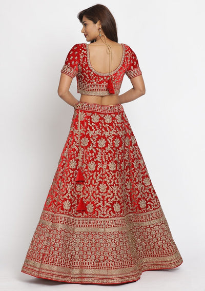 Red Stonework Velvet Designer Semi-Stitched Lehenga - koskii