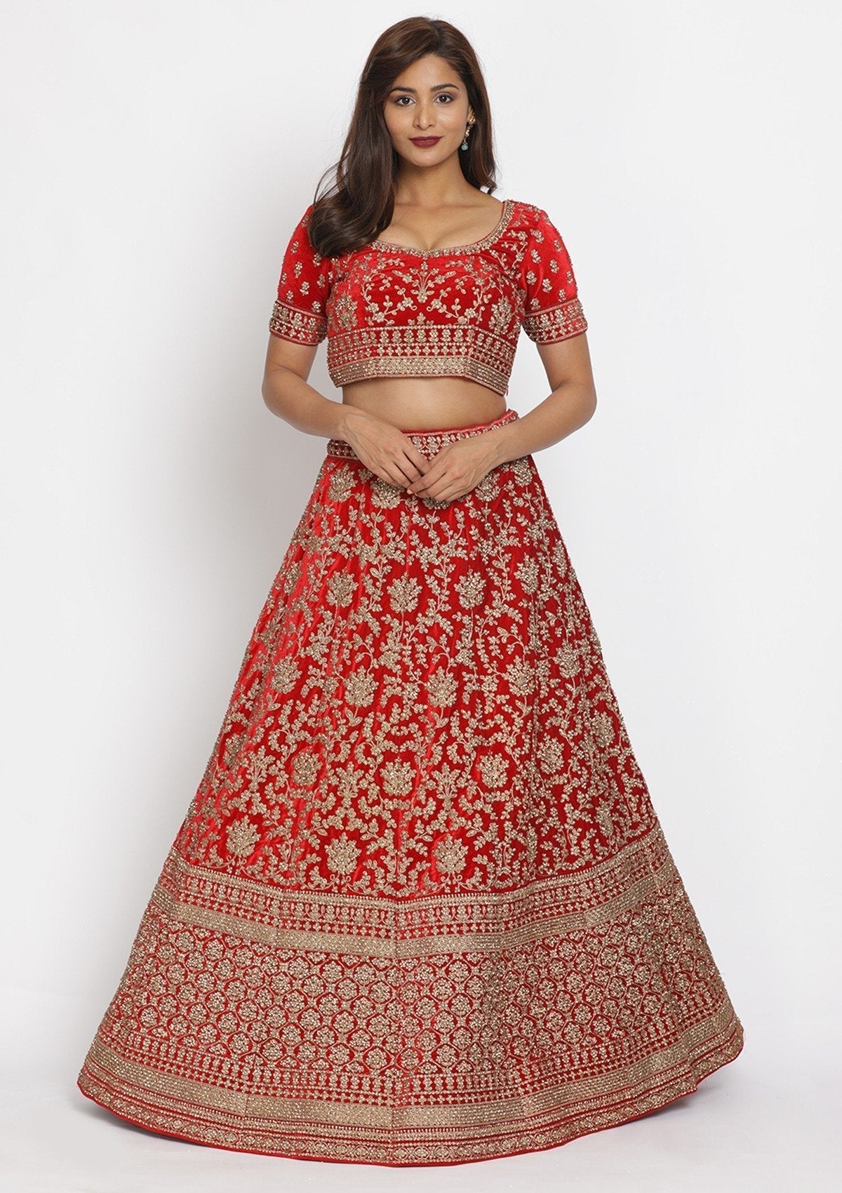 Red Stonework Velvet Designer Semi-Stitched Lehenga - koskii