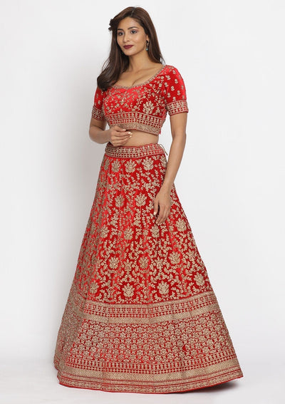 Red Stonework Velvet Designer Semi-Stitched Lehenga - koskii