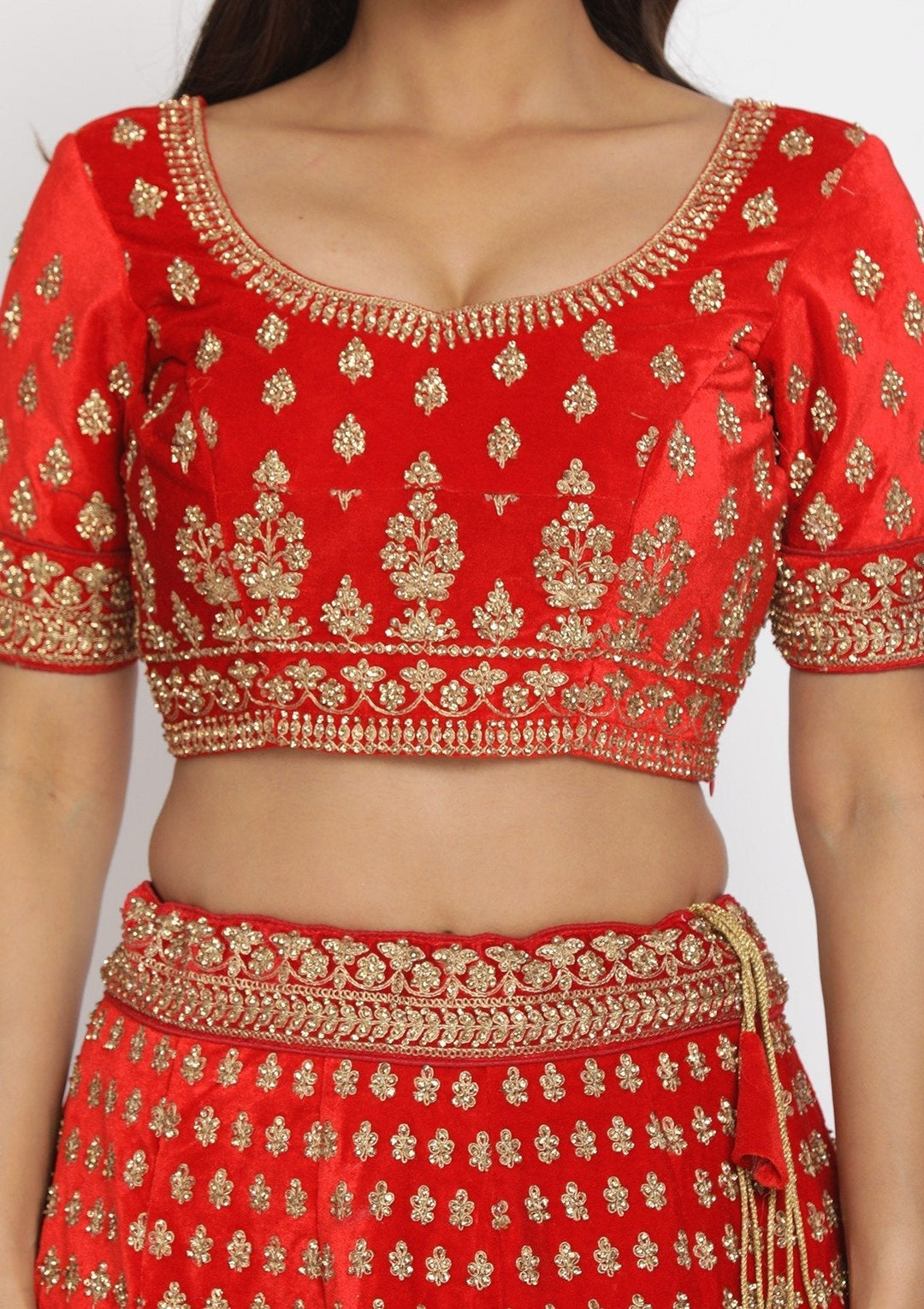 Red Stonework Velvet Designer Semi-Stitched Lehenga - koskii