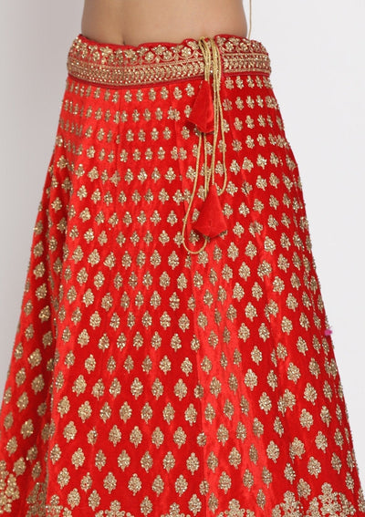 Red Stonework Velvet Designer Semi-Stitched Lehenga - koskii