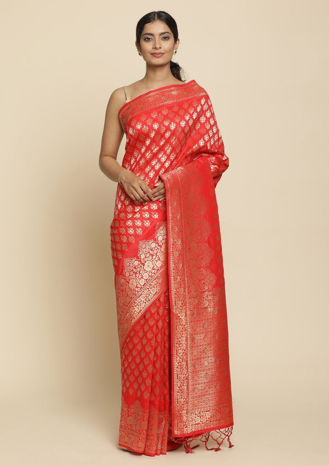 Red Swarovski  Brocade Designer Saree - koskii