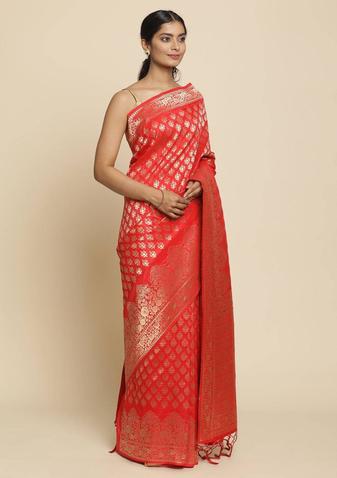Red Swarovski  Brocade Designer Saree - koskii