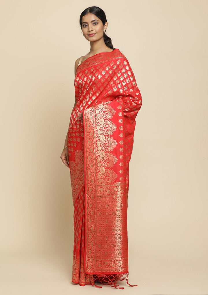Red Swarovski  Brocade Designer Saree - koskii
