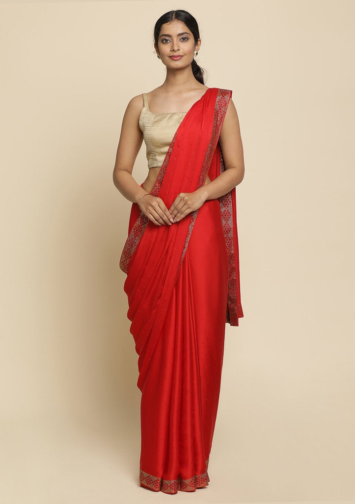 Red Swarovski  Satin Designer Saree - koskii