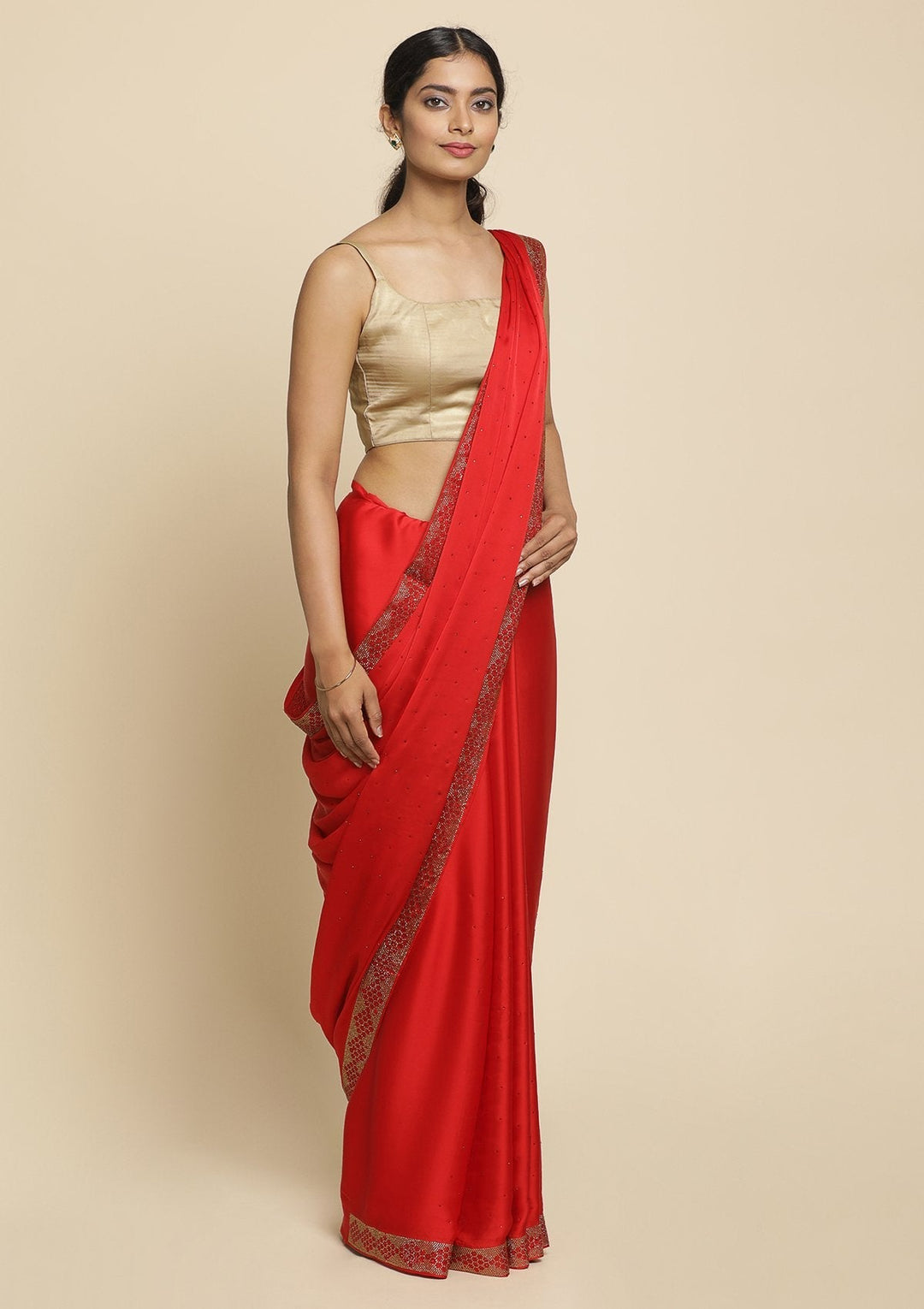 Red Swarovski  Satin Designer Saree - koskii