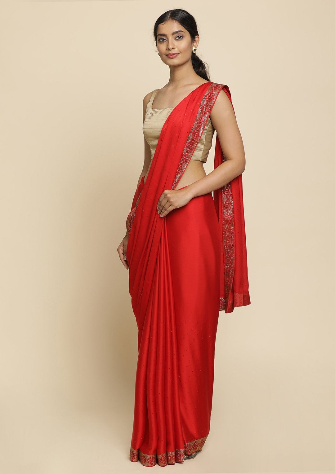Red Swarovski  Satin Designer Saree - koskii