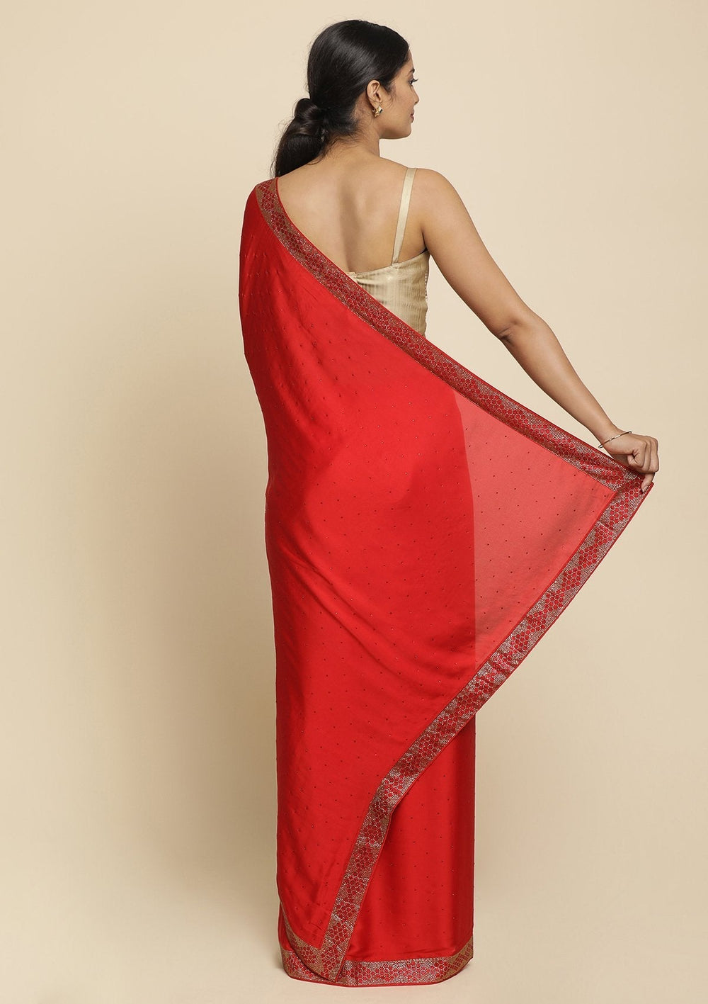 Red Swarovski  Satin Designer Saree - koskii