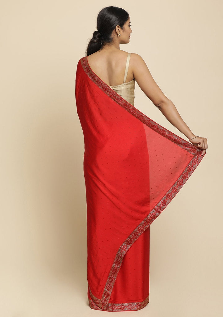 Red Swarovski  Satin Designer Saree - koskii