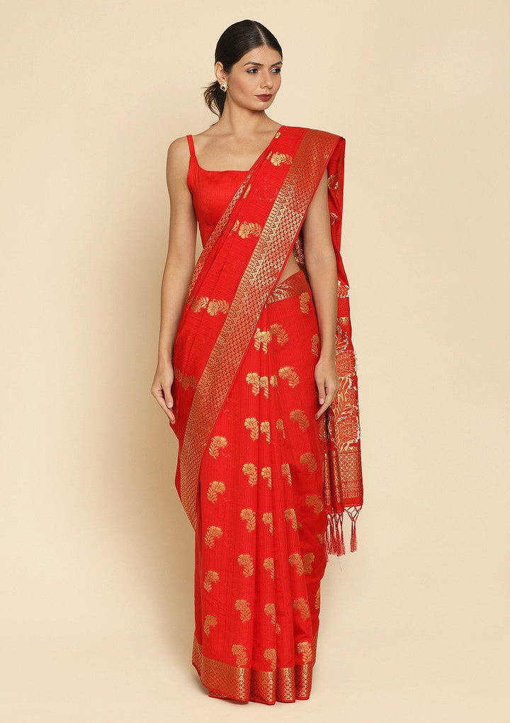 Red Zariwork Art Silk Designer Saree - koskii