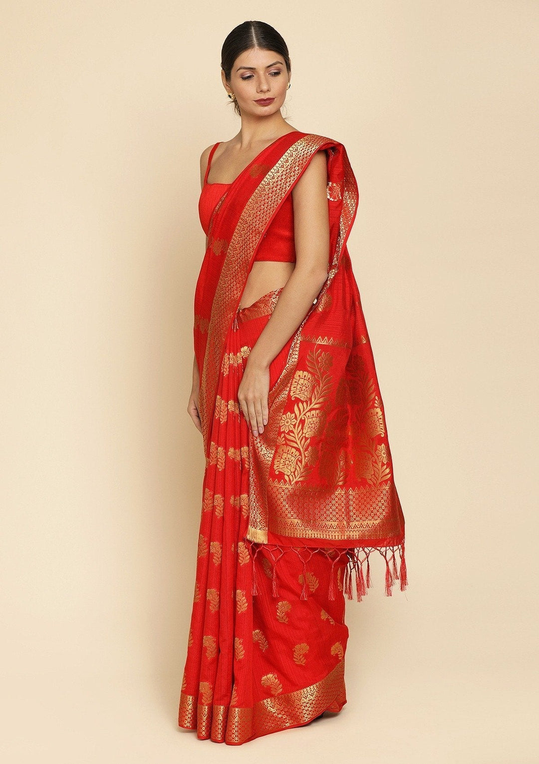 Red Zariwork Art Silk Designer Saree - koskii