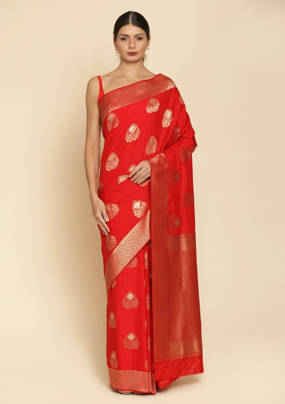 Red Zariwork Raw Silk Designer Saree - koskii