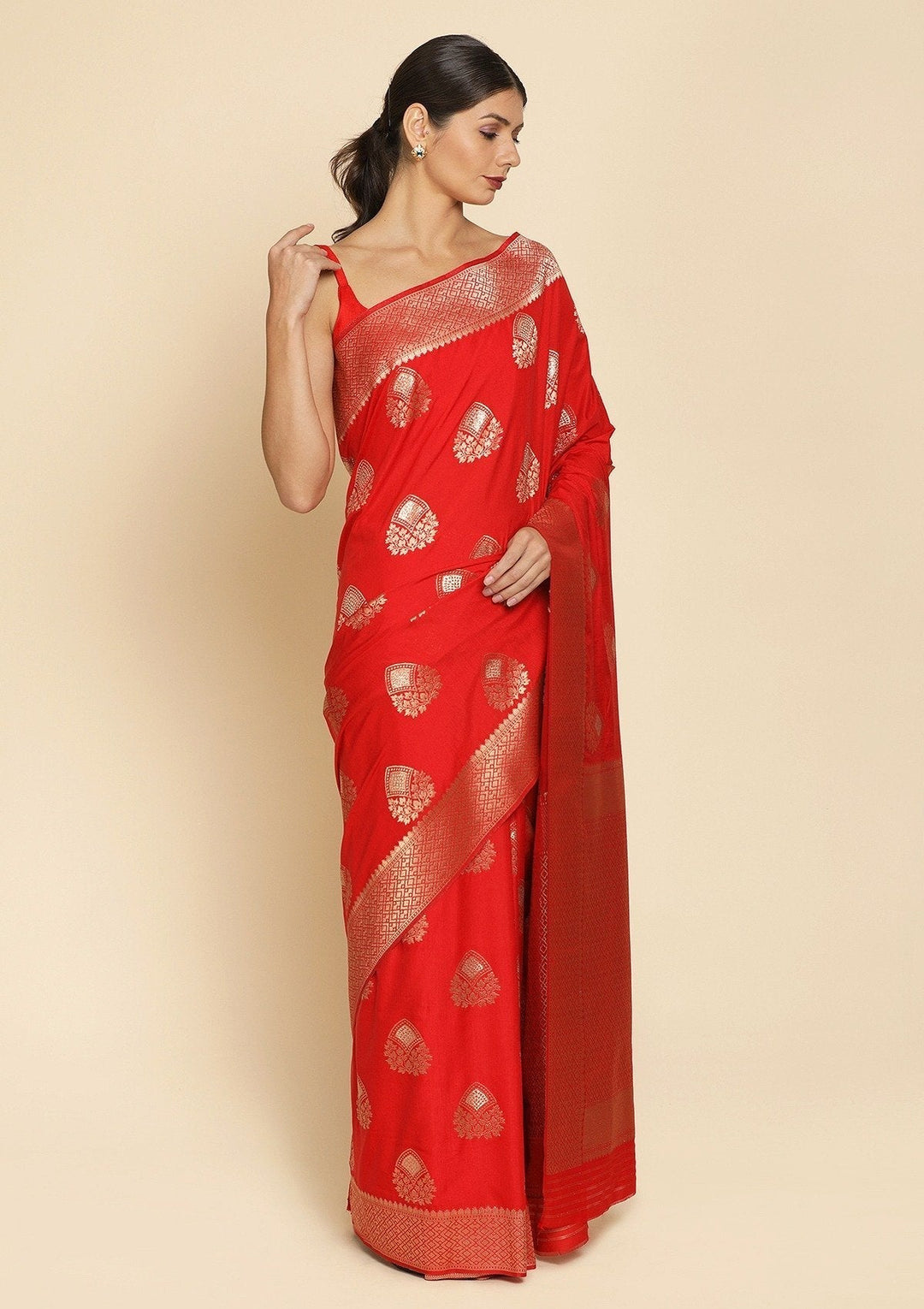 Red Zariwork Raw Silk Designer Saree - koskii
