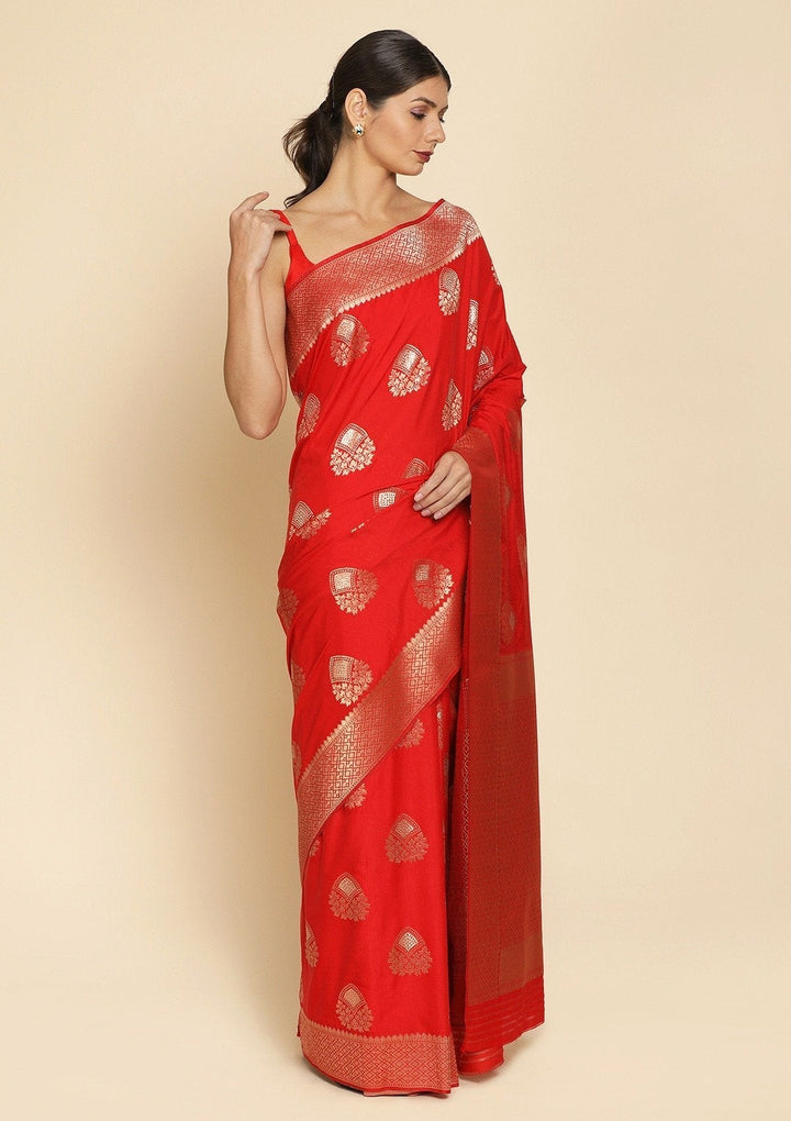 Red Zariwork Raw Silk Designer Saree - koskii