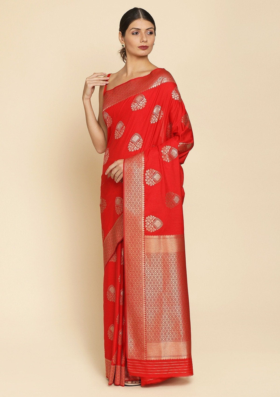 Red Zariwork Raw Silk Designer Saree - koskii
