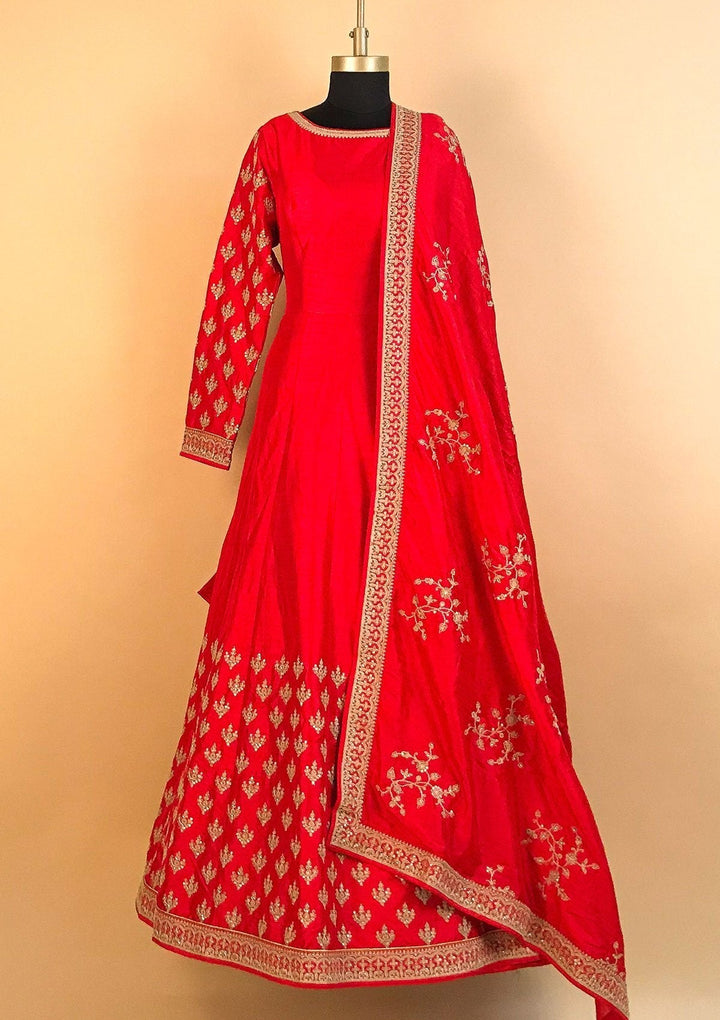 Red Zariwork Raw Silk Designer Gown - koskii