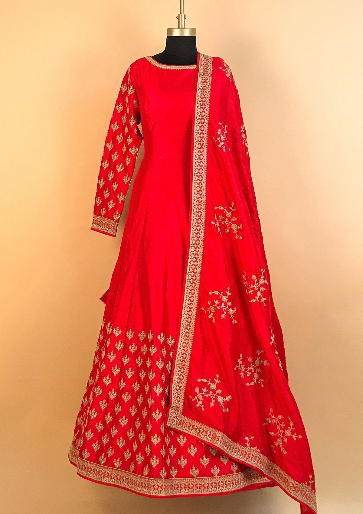 Red Zariwork Raw Silk Designer Gown - koskii