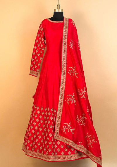 Red Zariwork Raw Silk Designer Gown - koskii
