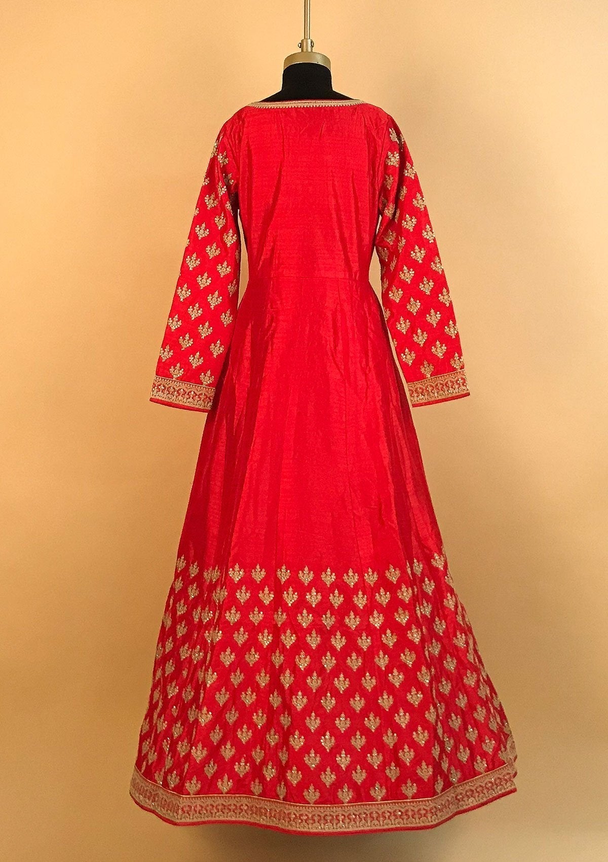 Red Zariwork Raw Silk Designer Gown - koskii