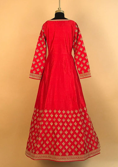 Red Zariwork Raw Silk Designer Gown - koskii