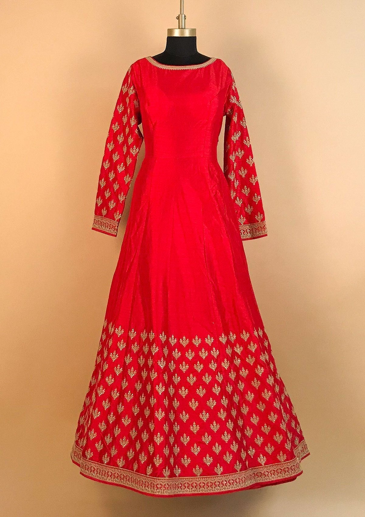 Red Zariwork Raw Silk Designer Gown - koskii