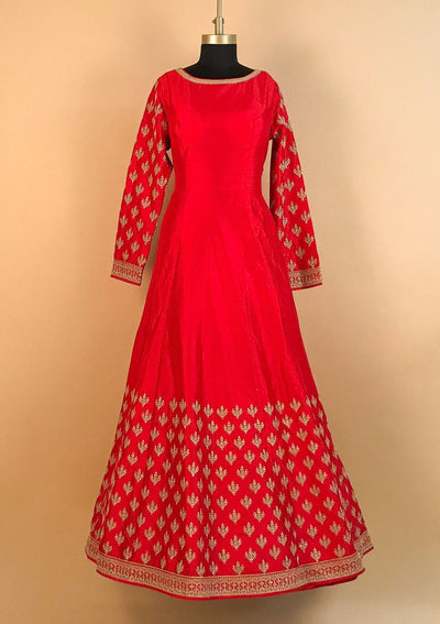 Red Zariwork Raw Silk Designer Gown - koskii