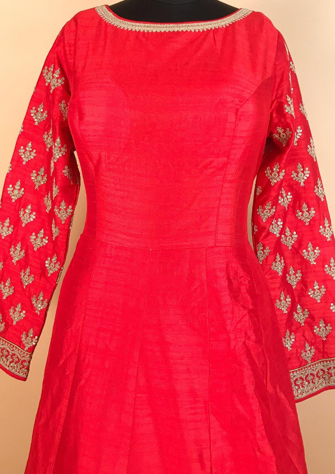 Red Zariwork Raw Silk Designer Gown - koskii