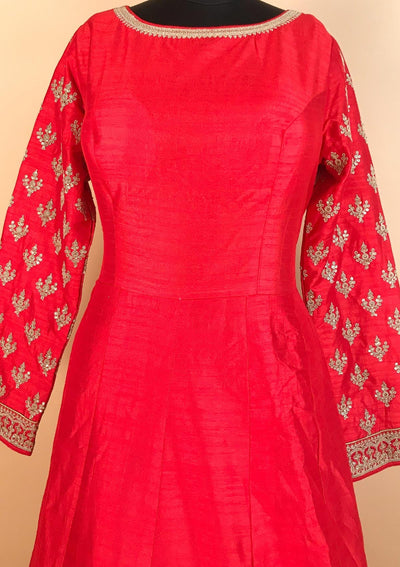 Red Zariwork Raw Silk Designer Gown - koskii