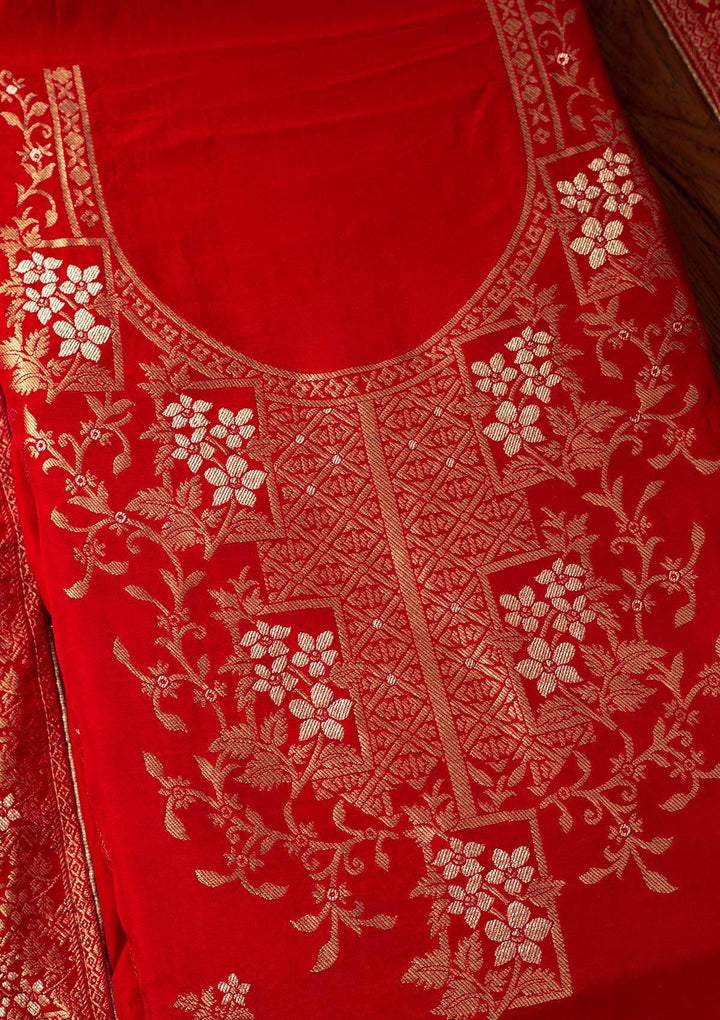 Red Zariwork Semi Crepe Designer Semi-Stitched Salwar Suit - koskii