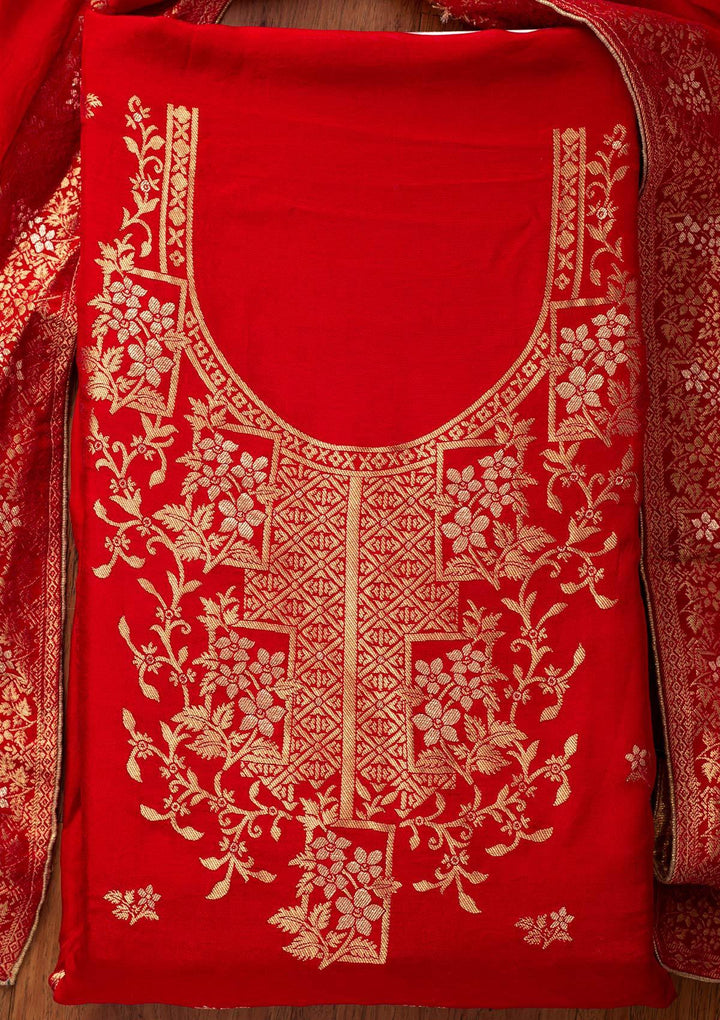 Red Zariwork Semi Crepe Designer Semi-Stitched Salwar Suit - koskii