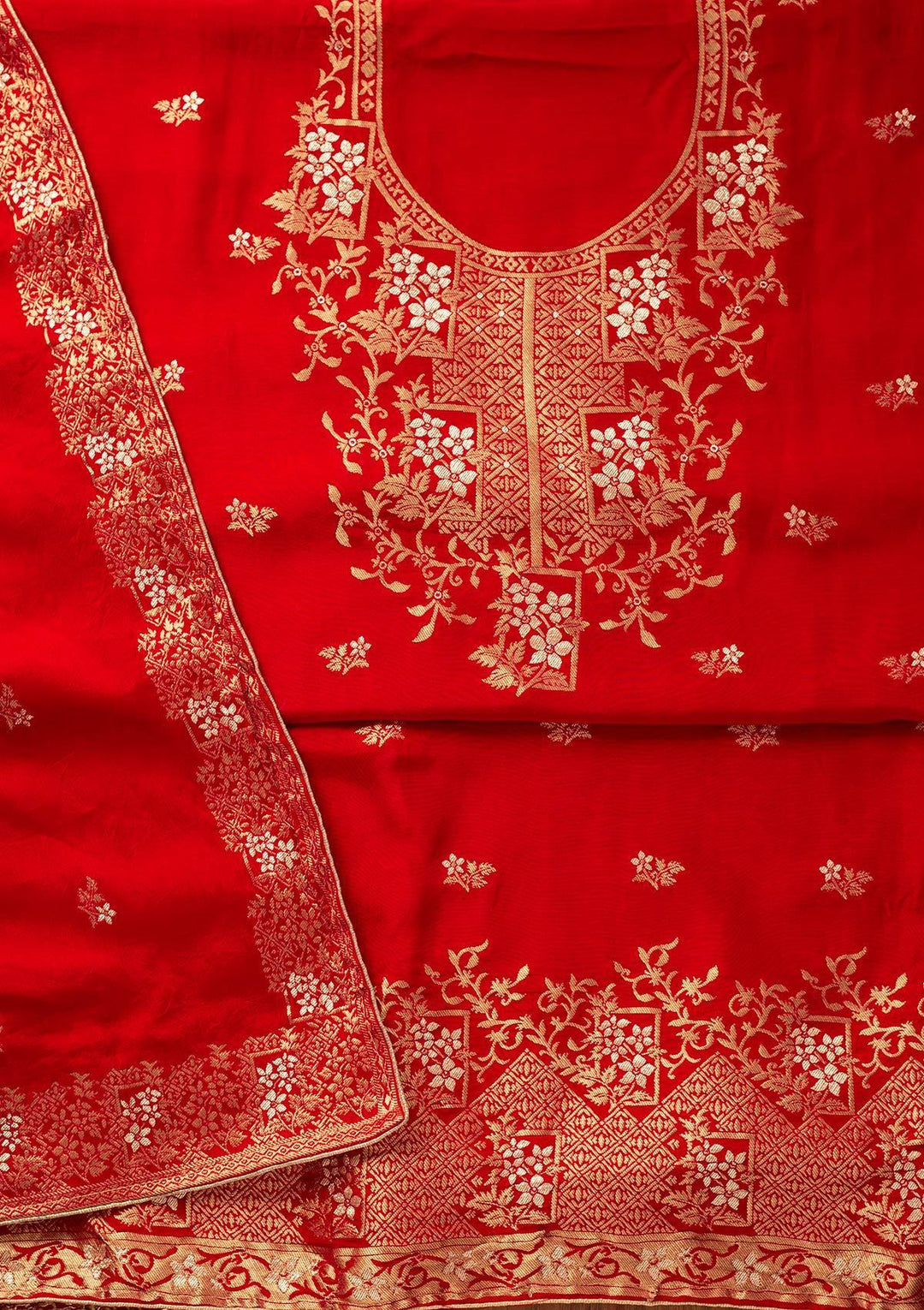 Red Zariwork Semi Crepe Designer Semi-Stitched Salwar Suit - koskii