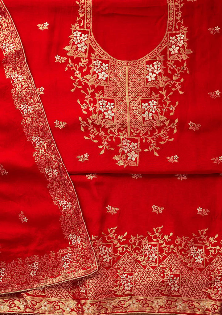 Red Zariwork Semi Crepe Designer Semi-Stitched Salwar Suit - koskii