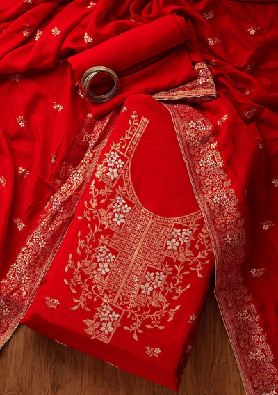 Red Zariwork Semi Crepe Designer Semi-Stitched Salwar Suit - koskii