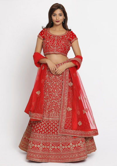 Red Zariwork Velvet Designer Semi-Stitched Lehenga - koskii