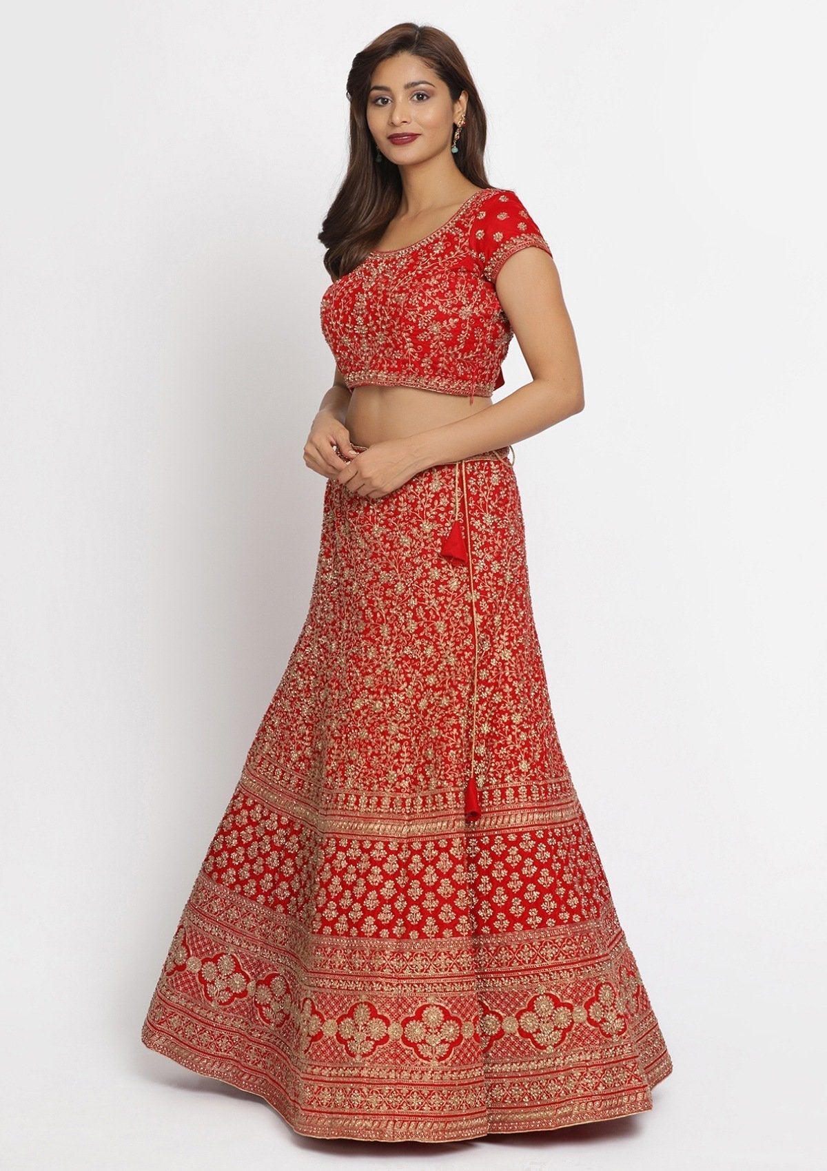 Red Zariwork Velvet Designer Semi-Stitched Lehenga - koskii