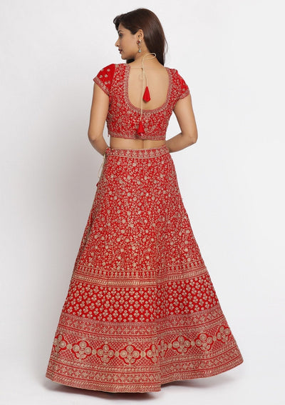 Red Zariwork Velvet Designer Semi-Stitched Lehenga - koskii