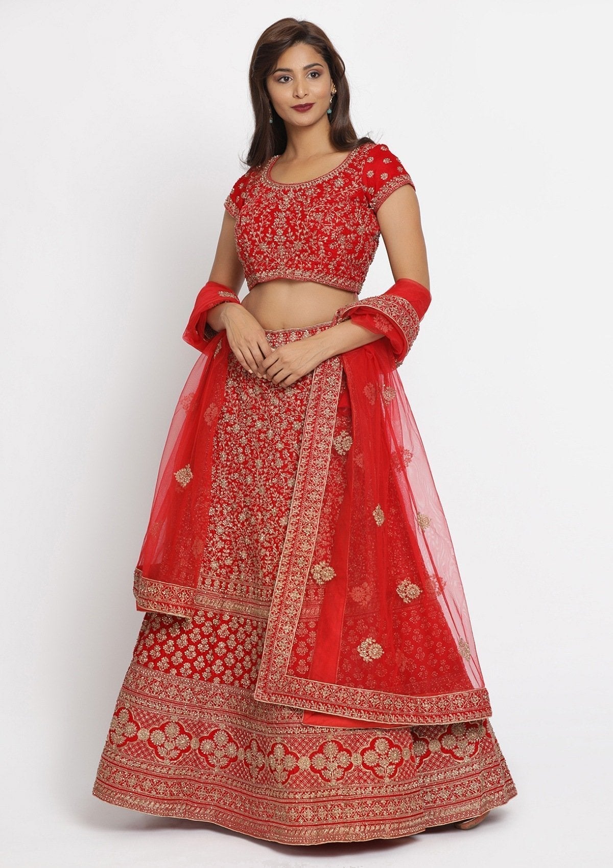 Red Zariwork Velvet Designer Semi-Stitched Lehenga - koskii