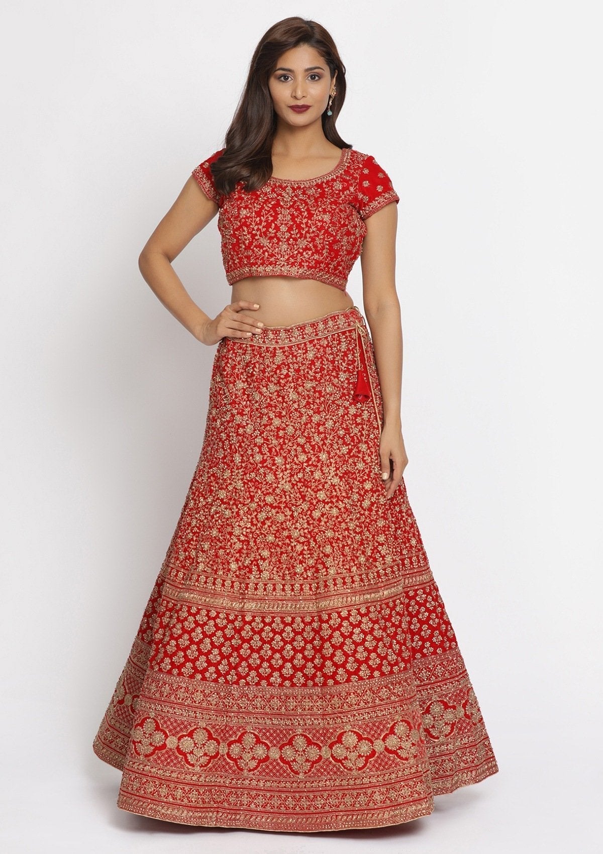 Red Zariwork Velvet Designer Semi-Stitched Lehenga - koskii