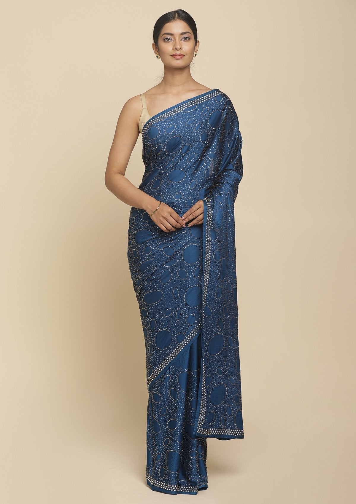 Royal Blue Swarovski  Satin Designer Saree - koskii