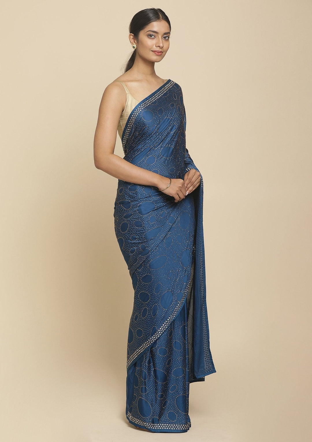 Royal Blue Swarovski  Satin Designer Saree - koskii