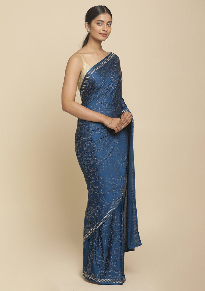 Royal Blue Swarovski  Satin Designer Saree - koskii