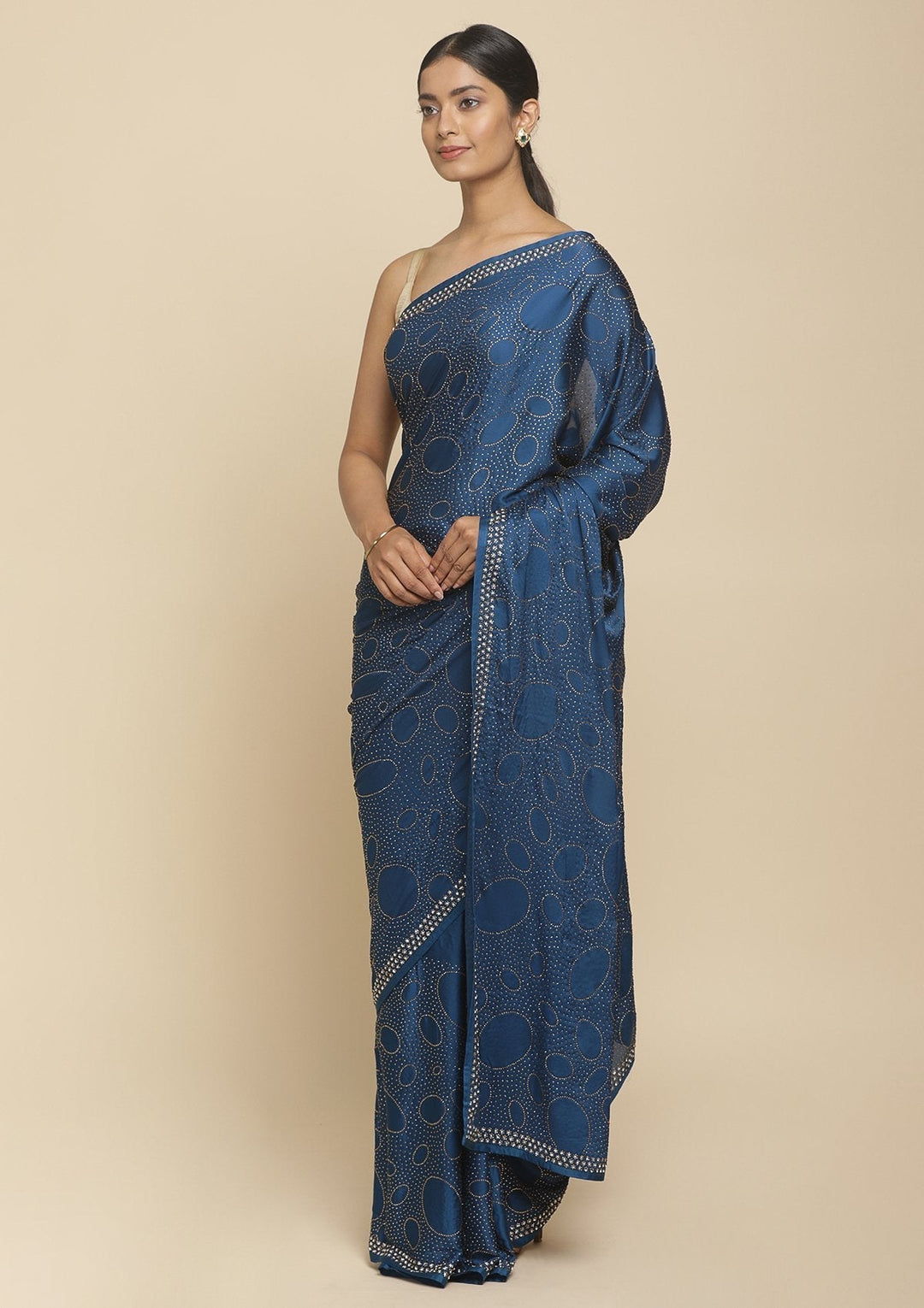 Royal Blue Swarovski  Satin Designer Saree - koskii
