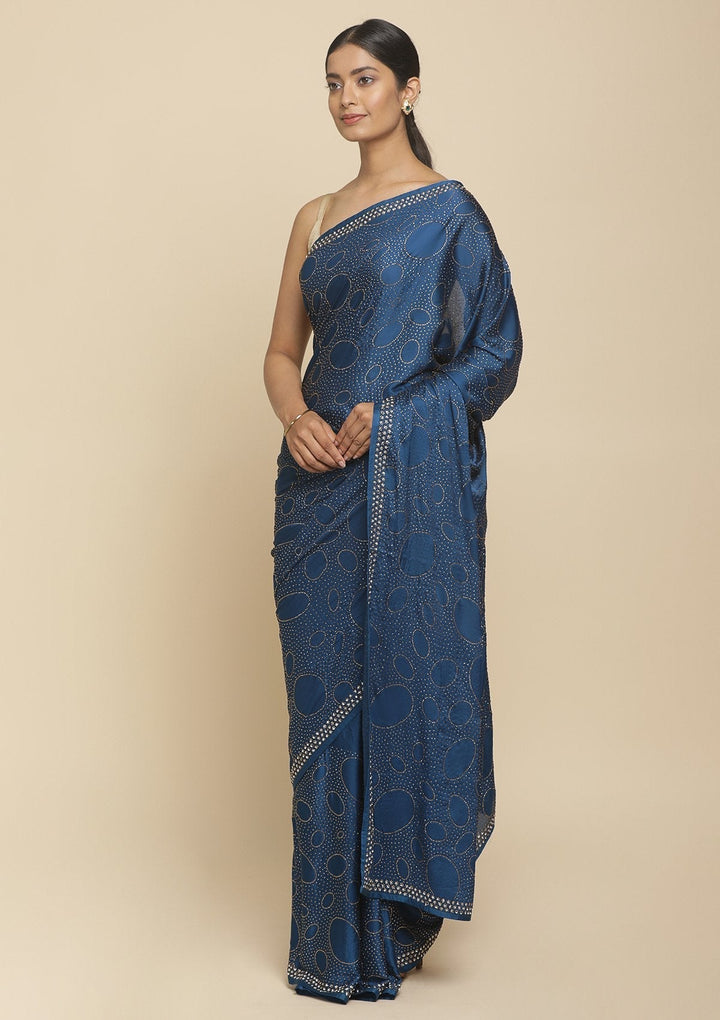 Royal Blue Swarovski  Satin Designer Saree - koskii