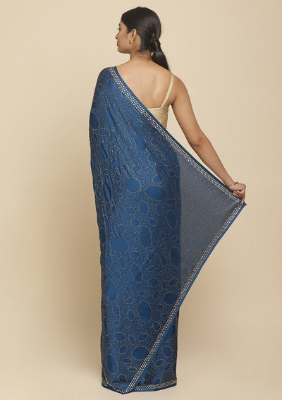 Royal Blue Swarovski  Satin Designer Saree - koskii