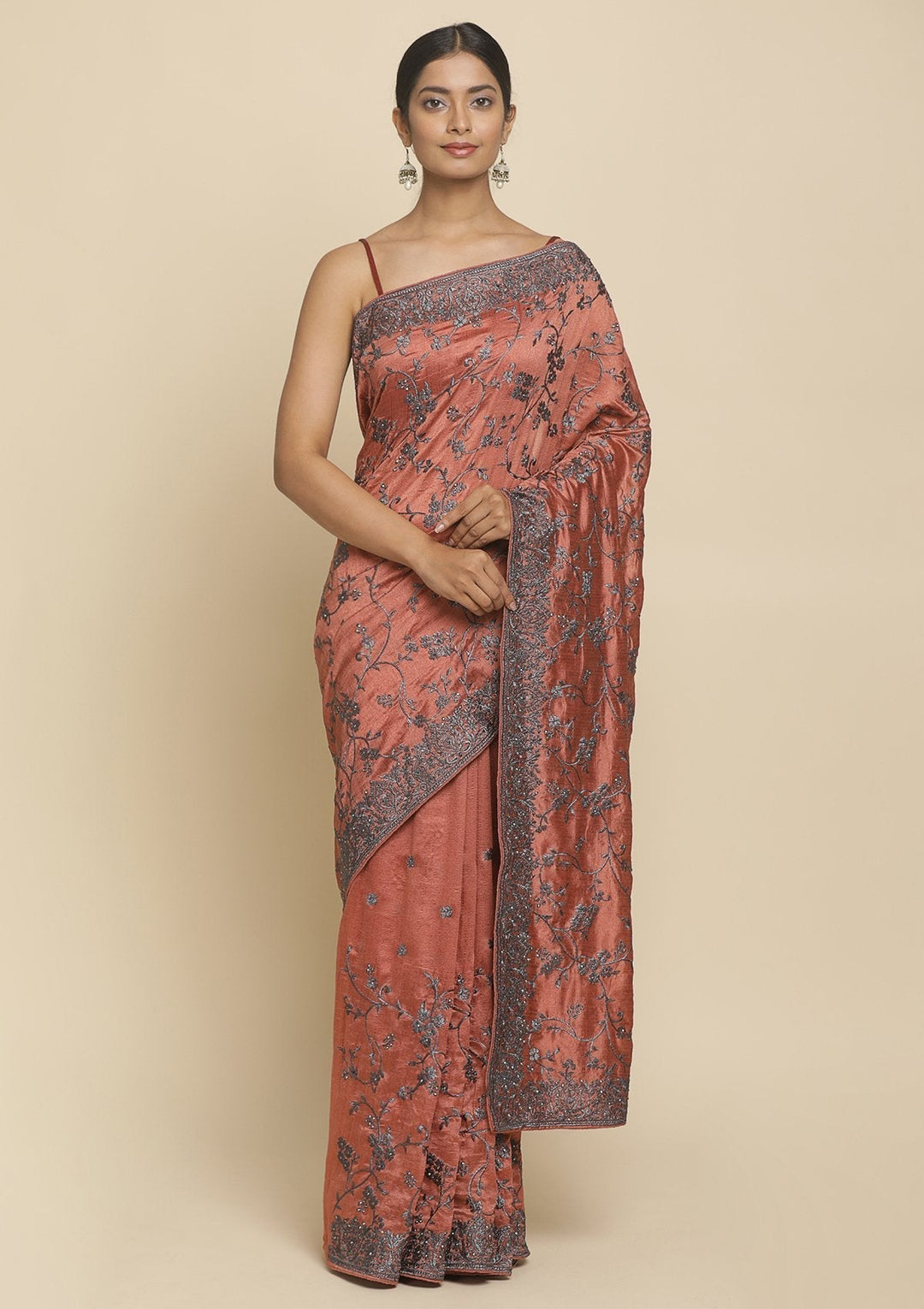 Rust Stonework  Art Silk Designer Saree - koskii