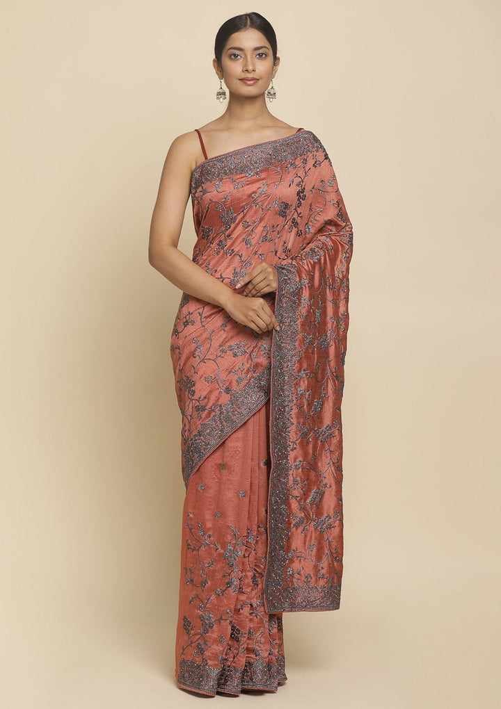Rust Stonework  Art Silk Designer Saree - koskii