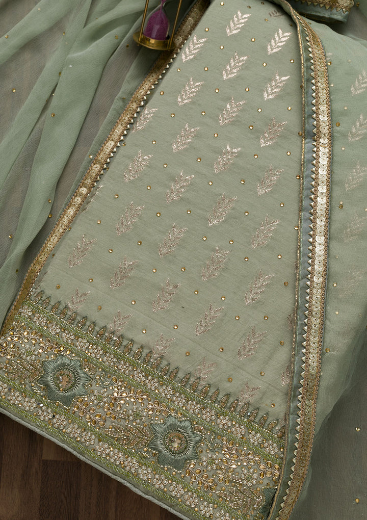 Pista Green Zariwork Georgette Unstitched Salwar Suit-Koskii