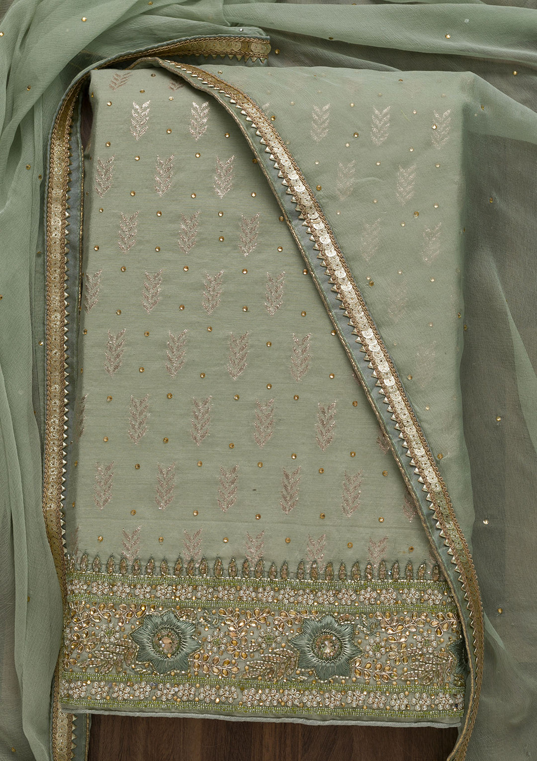 Pista Green Zariwork Georgette Unstitched Salwar Suit-Koskii